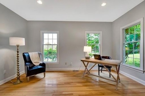 Home office with gray walls