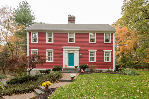 Red colonial with teal door - fall foliage
